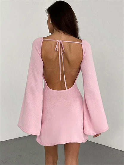 Backless Knitwear Lace-up Mini Dress Female Long Sleeve Loose Holiday Beach High Waist Dress Knit Dress