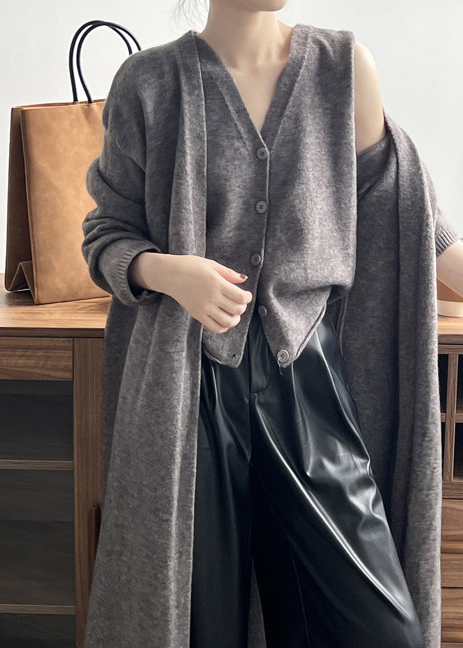 Loose Camel V Neck Tank and Cardigan Knit Two Piece Set Fall Af1097
