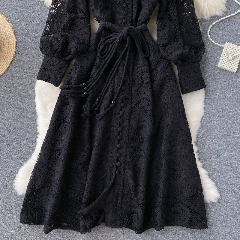 Apricot Cashew Flower Lace Embroidery Single Breasted Lantern Sleeve Midi Dress