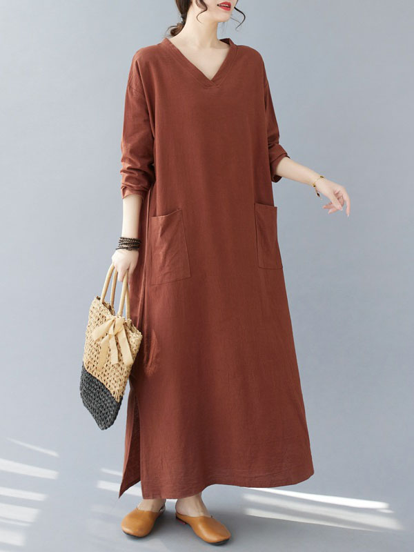 A-line Long Sleeves Pockets Color Split-side V-neck Maxi Dresses