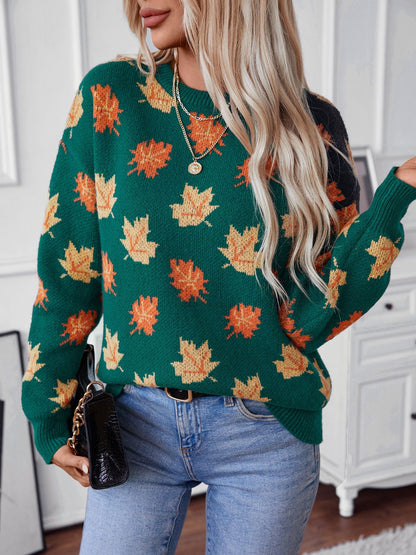 Maple Leaf Pattern Jacquard Pullover Sweater for