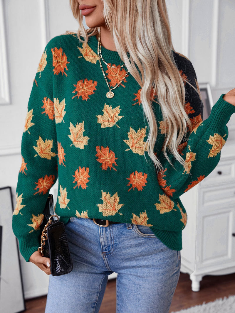 Maple Leaf Pattern Jacquard Pullover Sweater for