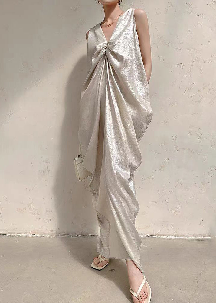 French Beige V Neck Wrinkled Silk Long Dress Sleeveless Ee024