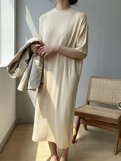 Temperament Round-neck Mauve Split-joint Short Sleeve Sweater Dress An1057