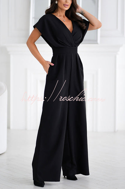 Color V-neck Waist Wide-leg Jumpsuit
