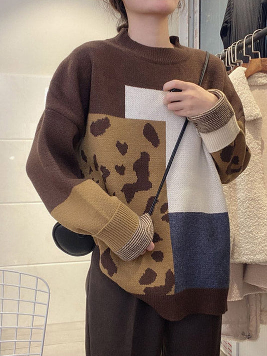 Original Brown Round-neck Contrasting Color Blocks Leopard Long Sleeve Sweater An1048