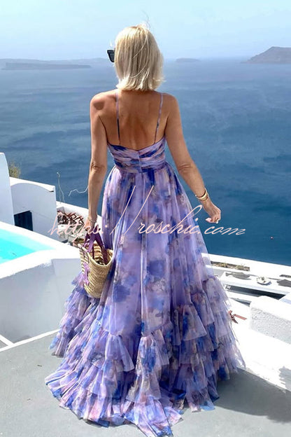Dreamy Clouds Tulle Printed Rose Detail Cutout Ruffles Tiered Halter Maxi Dress