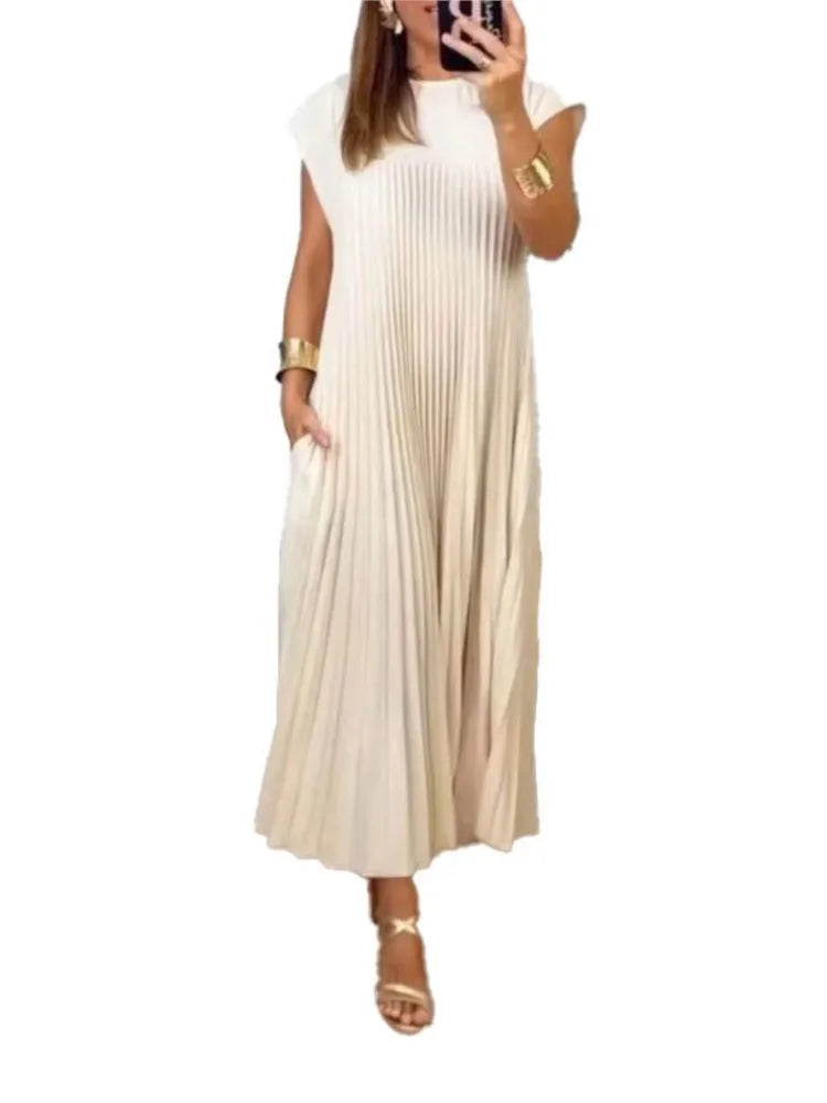Color Pleated Dresses Temperament O Neck Folds Sleeveless Loose Long Dress Spring Summer New Vestido