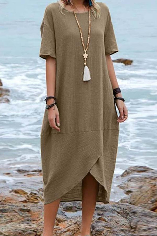 Color Cotton Linen Retro Round Neck Short Sleeve Midi Dress