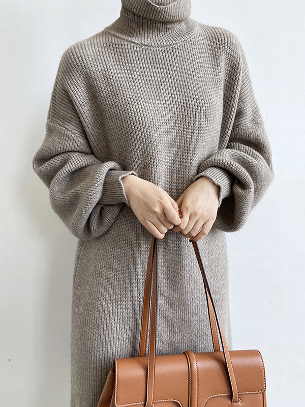 Urban Loose Purple High-neck Long Puff Sleeve Sweater Dress An1052