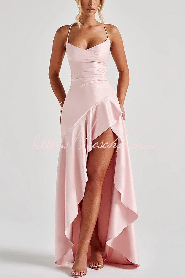 Color Backless Lace-up Irregular Ruffled Maxi Dress