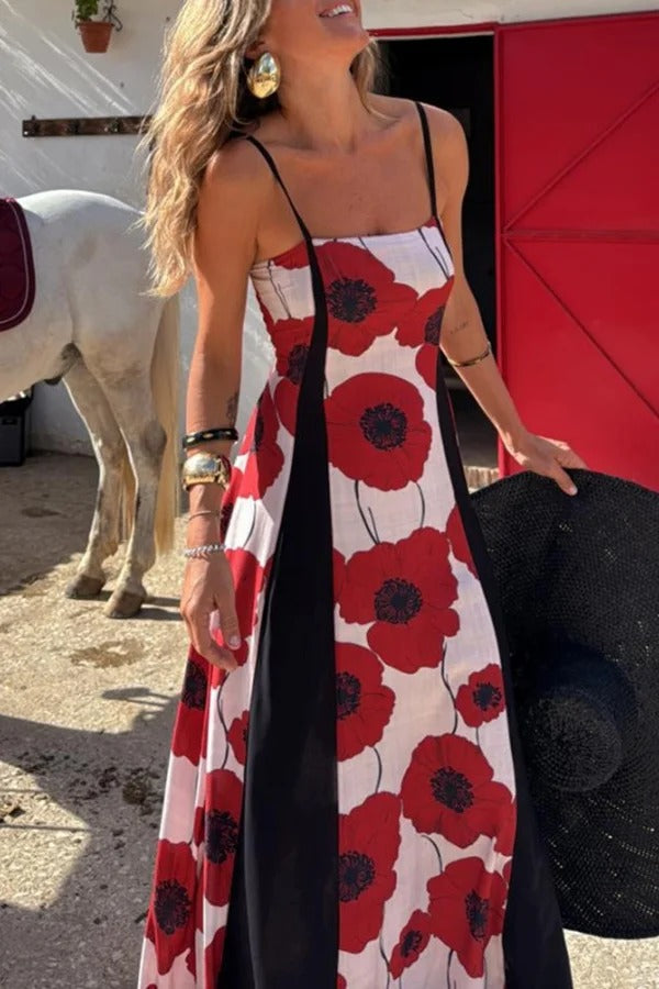 Print Suspenders Paneled Back Pleated Maxi Dress