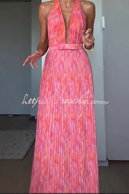 Unique Print Halter Neck Tie Pleated Vacation Maxi Dress