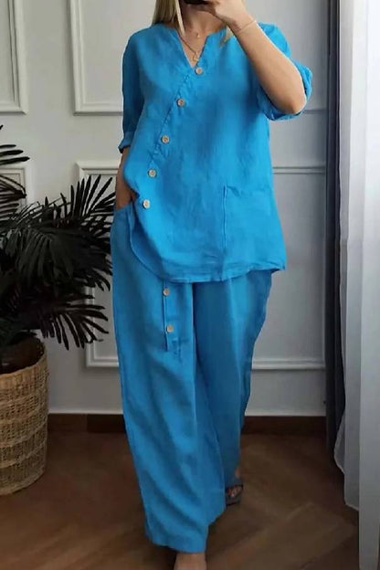Color Cotton and Linen Cropped Top \u0026 Wide Leg Pants Two-piece Set