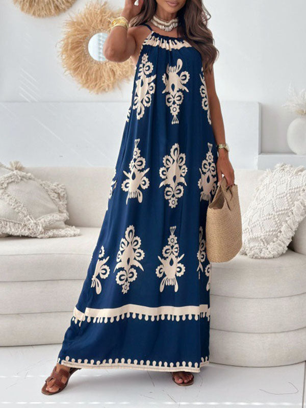 Loose Sleeveless Printed Split-joint Spaghetti-neck Maxi Dresses