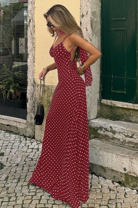 Polka Dot V-neck Backless Cami Maxi Dress