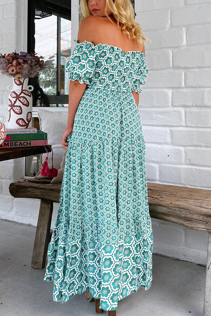 Print Off-the-shoulder Puff-sleeve Pleated Maxi Dress