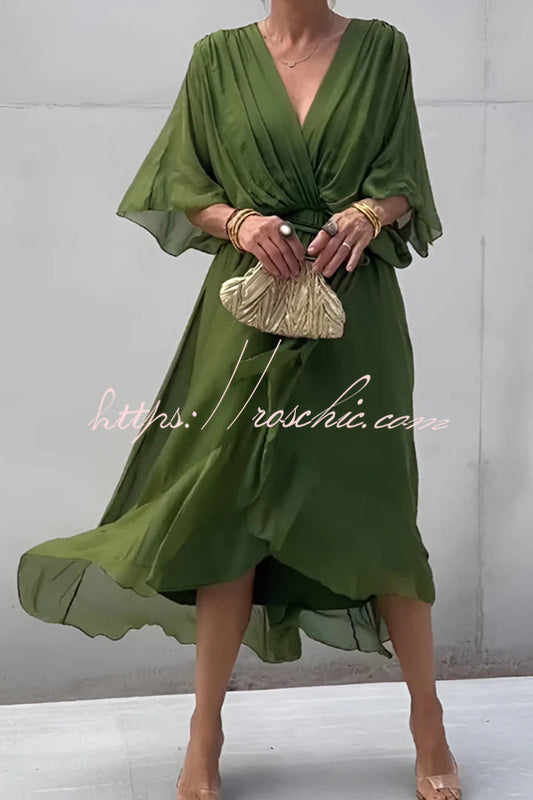 Color V-neck Bat Sleeve Lace-up Irregular Hem Midi Dress