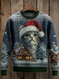 Men's Christmas Cat Fair Island Round Neck Sweater artswardrobe