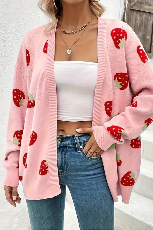 Pink Strawberry Pattern Knit Cardigan