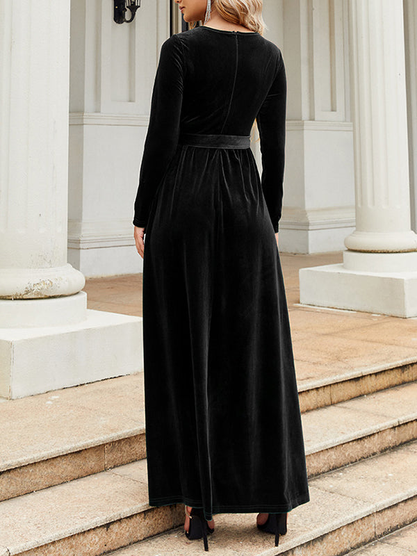 Long Sleeves Wrap Belted Pleated Color Zipper Round-neck Maxi Dresses