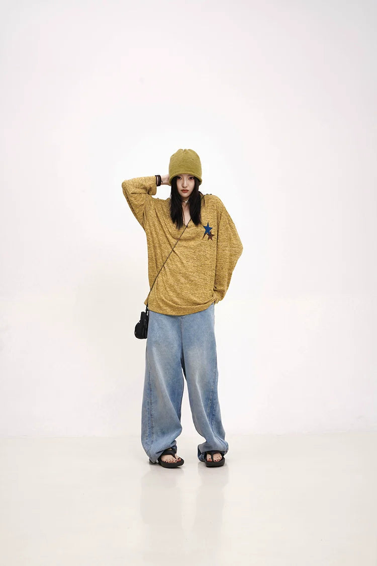 Mustard Yellow Knit Sweater With Star Patch