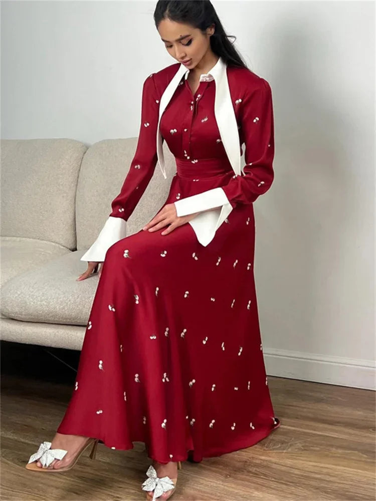 Satin Printed Long Dress ’s High Waist Patchwork Commute Slim Autumn Contrast Dress Female Maxi Dress