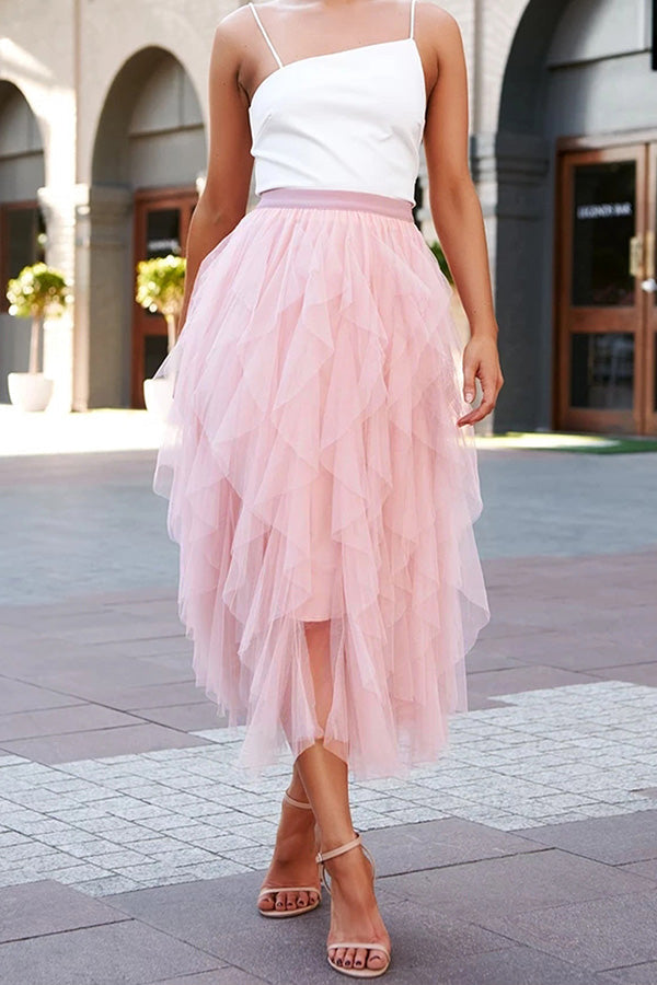Fashionable Color Puffy Mesh High Waist Slimming Skirt