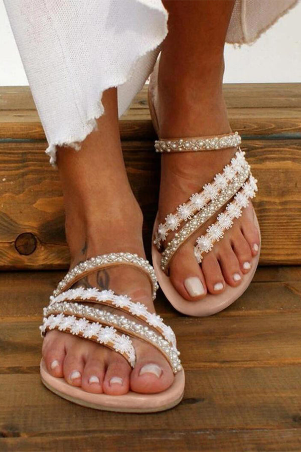 Beaded Lace Flat Slippers With Round Toe
