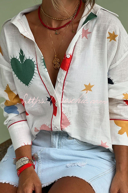 Cue the Sunshine Linen Blend Unique Print Button Long Sleeve Loose Blouse