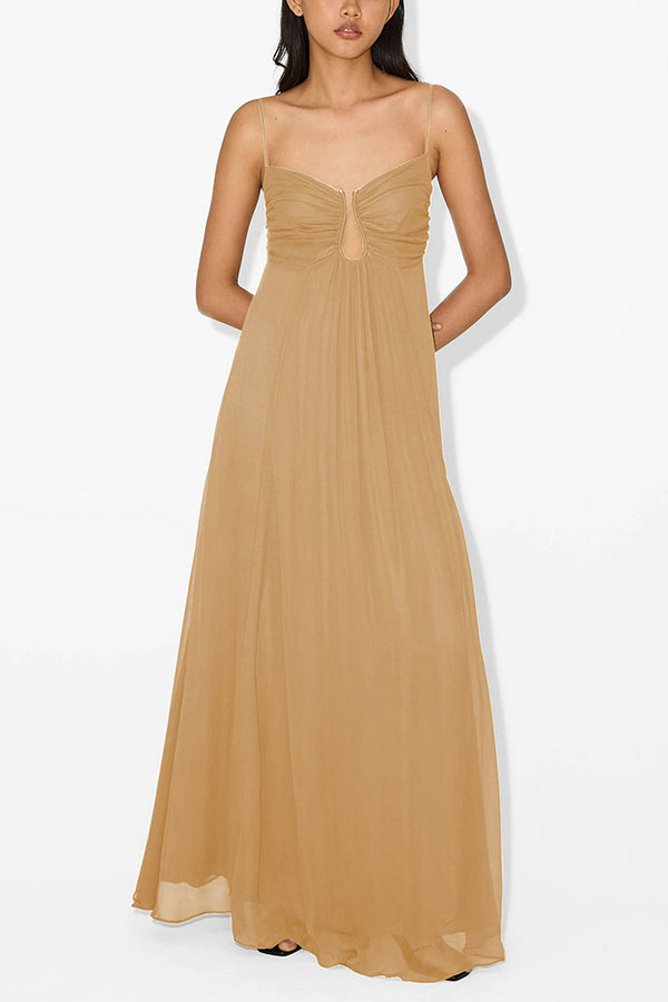 Soft and Metal Hollow Design Back Smocked A-line Slip Maxi Dress