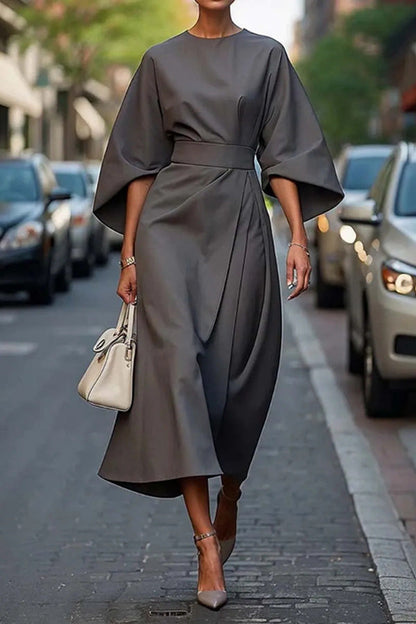Color Batwing Sleeve Waisted Midi Dress