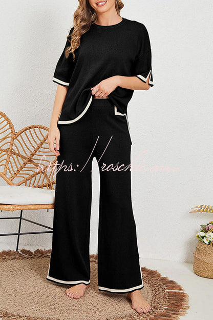 Lounge or Wear Knit Patchwork Color Block Short Sleeve Top and Elastic Wide Leg Pants