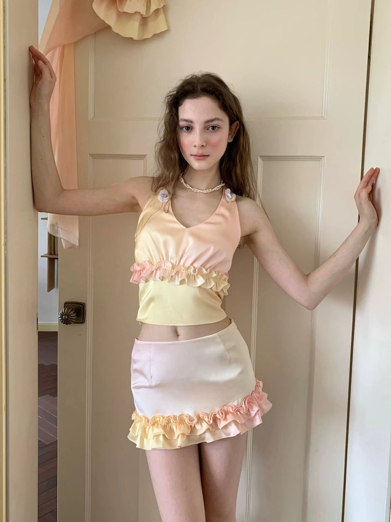 Pink Gradient Ruffle Three-piece Set