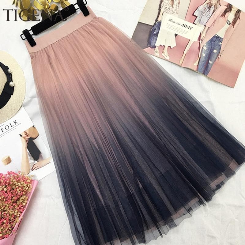 Contrast Color Gradient Long Tulle Skirt