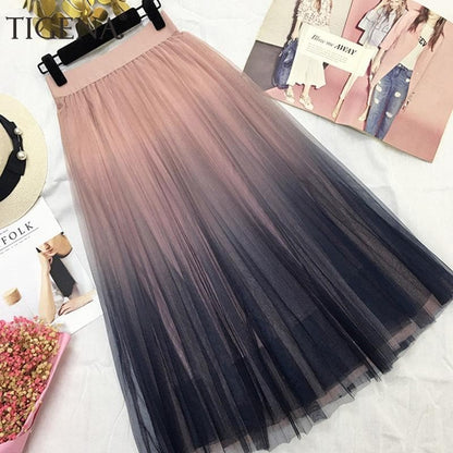 Contrast Color Gradient Long Tulle Skirt