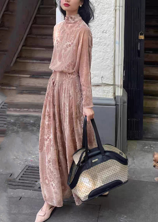 French Turtleneck Print Flattering Silk Velvet Long Dresses Fall Wd033