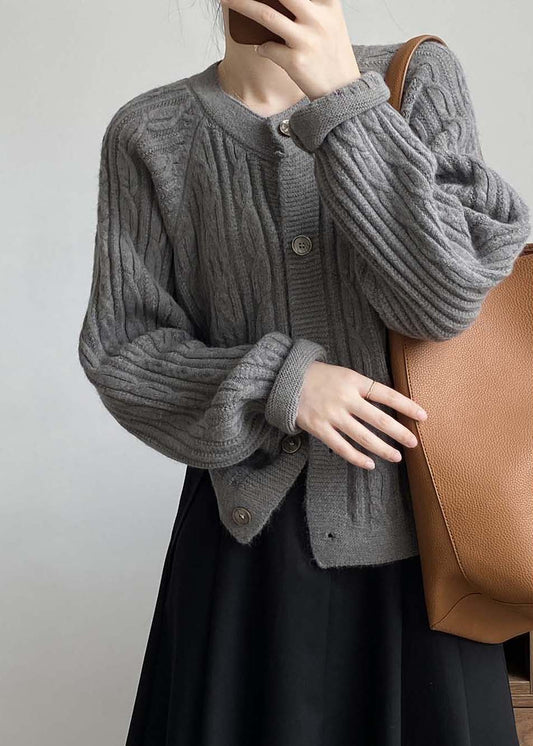 French Grey O-neck Button Cable Knit Coat Fall Af1100