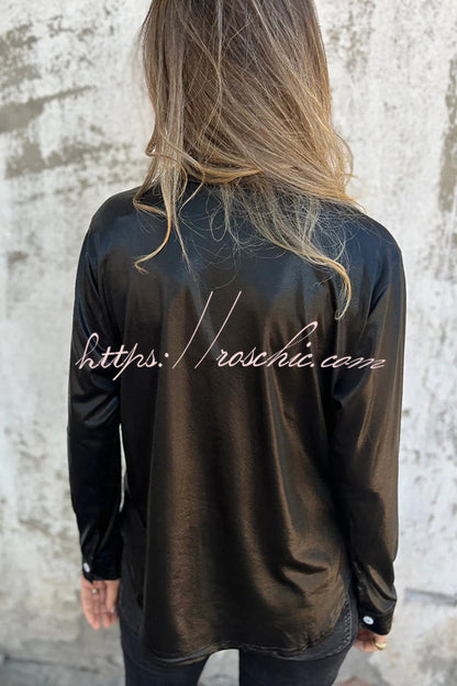 Holiday Look Metallic Loose Pocket Button-down Blouse