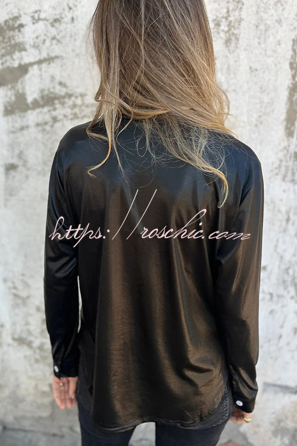 Holiday Look Metallic Loose Pocket Button-down Blouse