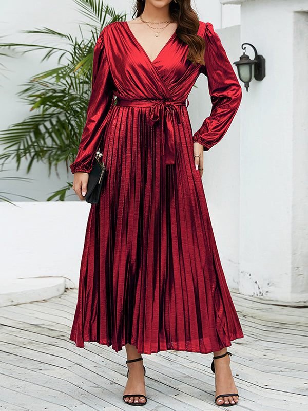High Waisted Long Sleeves Bronzing Elasticity Pleated Color Tied Waist Deep V-neck Maxi Dresses