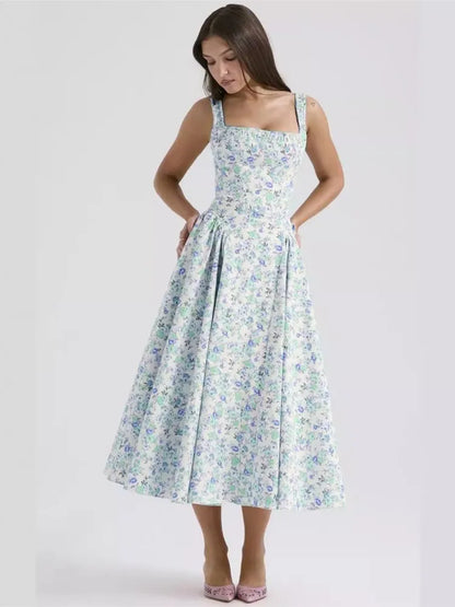 Flower Print Spaghetti Strap Dresses Backless Low Cut Folds Vacation Style Slim Midi Dress Female Vestidos