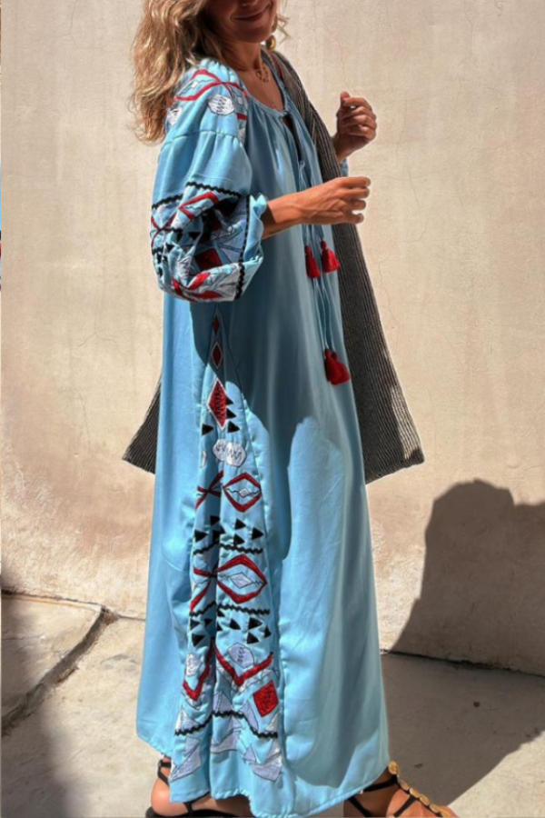 Blue V-neck Tie Style Retro Print Long Skirt