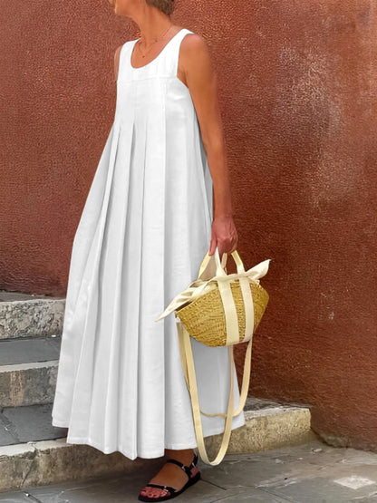Loose Sleeveless Pleated Color Round-neck Maxi Dresses