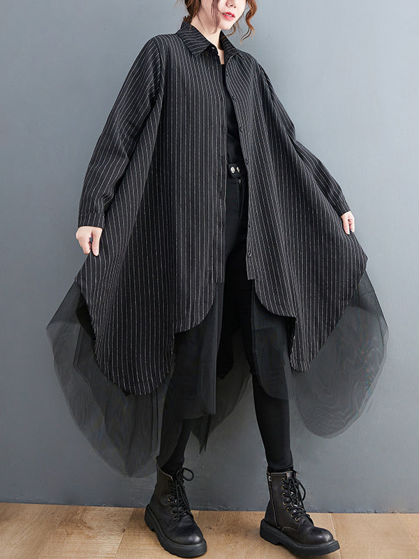 Loose Striped Gauze Split-joint Lapel Long Dress