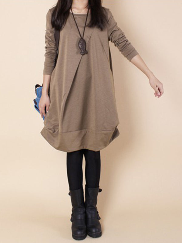 A-line Long Sleeves Pleated Color Round-neck Dresses Maxi Dresses