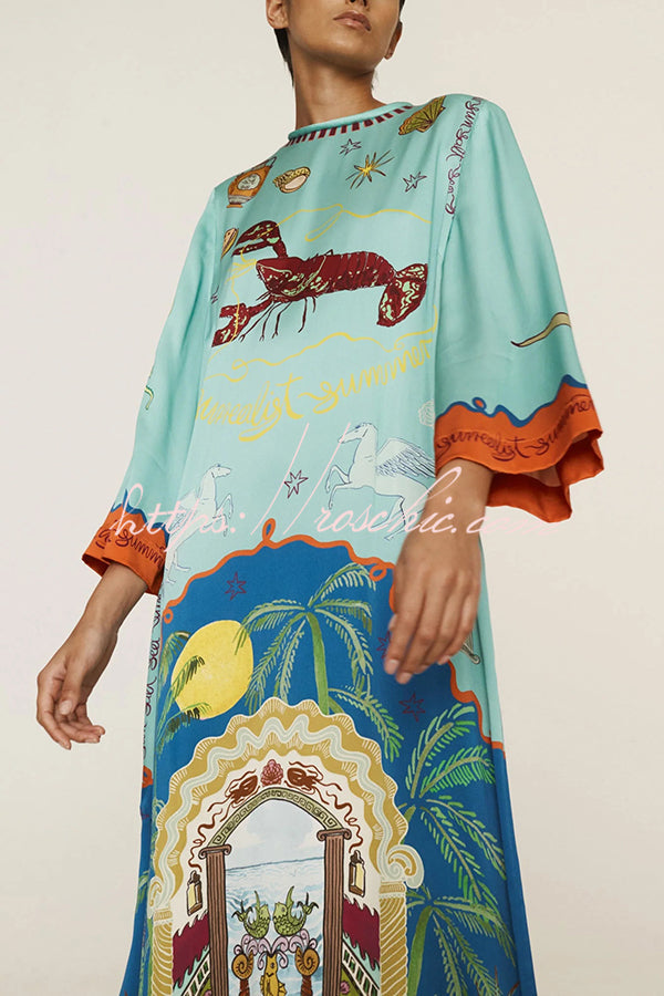 Satin Unique Print Long-sleeve Tie-waist Slit Maxi Dress
