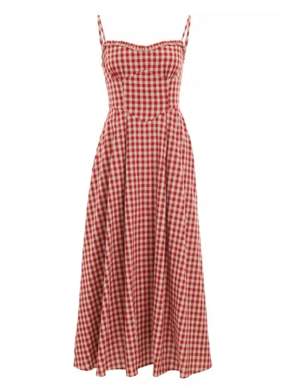 Plaid Midi Dress French Spaghetti Strap A-line Spring Summer Holiday Beach Style Prom Robe Vestidos Mujer