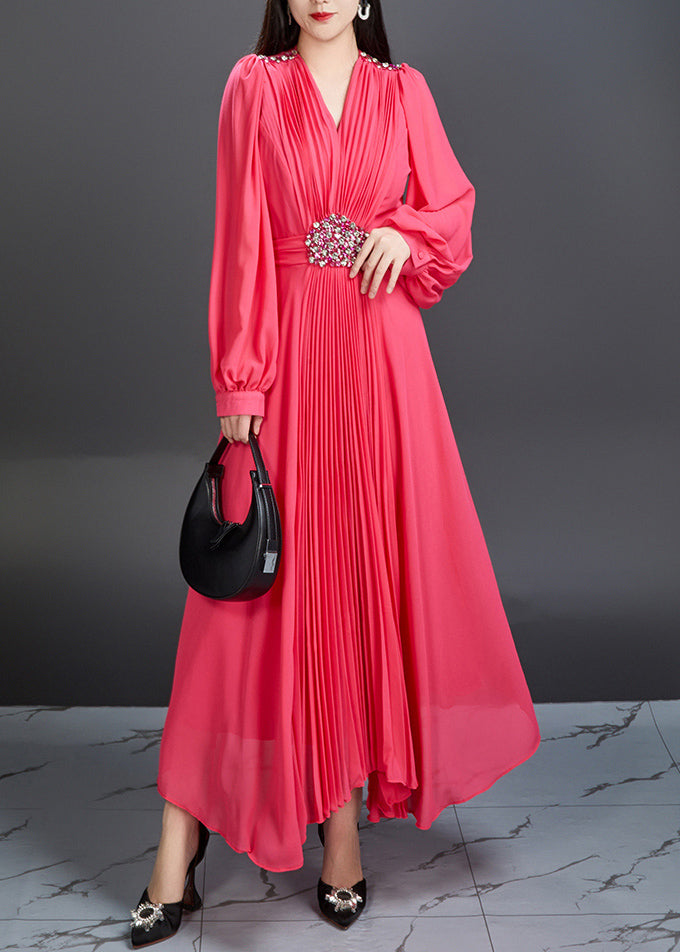 Novelty Red V Neck Wrinkled Chiffon Long Dress Fall Ar1039