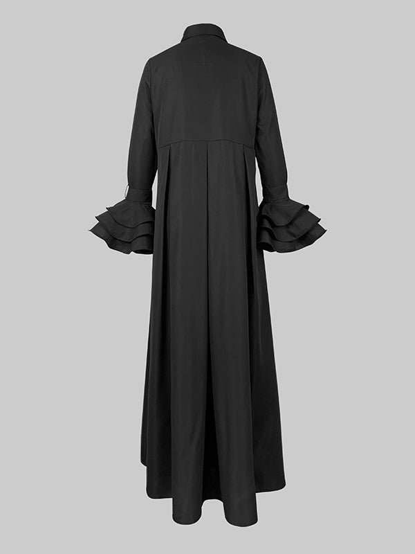 Flared Sleeves Pleated Color Split-joint Lapel Maxi Dresses Shirt Dress